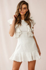 Marlow Double Ruffle Shoulder Dress Square Pattern Beige