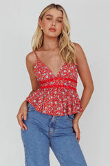 Marigold Crochet Trim Top Floral Red