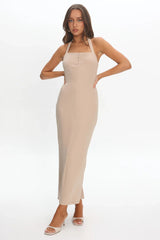 Goldfoil Halter Neck Maxi Dress Ecru