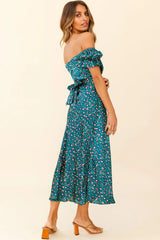 Linka Off-Shoulder Tie Back Midi Dress Leopard Print Green