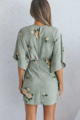 Rivera Deep-V Waist-Tie Dress Rose Floral Print Sage