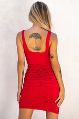 Arabella Ruched Wide Strap Bodycon Dress Red