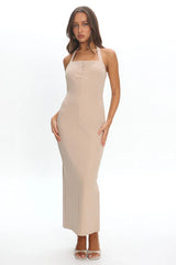 Goldfoil Halter Neck Maxi Dress Ecru