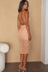 First Kiss Strappy Back Lace Overlay Knee Length Split Dress Peach