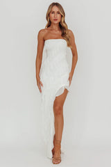 Just Friends Strapless Ruffle Maxi Dress Off White