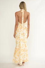 Cipriana Frill Trim Halter Maxi Dress Floral Yellow