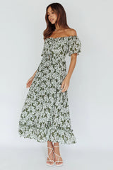 Voyager Off-Shoulder Bell Sleeve Midi Dress Floral Green