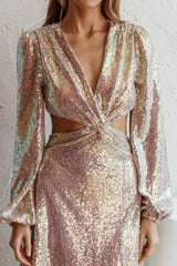Inna Long Sleeve Cut-Out Maxi Dress Sequin Rose Gold