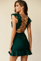 Secrets Lace-Up Back Ruffle Detail Dress Lace Forest Green