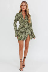 Caledonia Collared Button-Up Satin Shirt Floral Olive