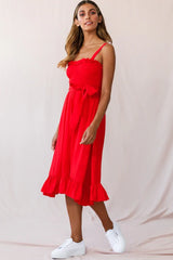 Honey Shirred Frill Midi Dress Red