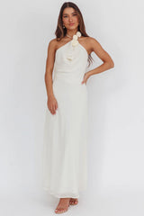 Petronilla Rosette Halterneck Maxi Dress Eggshell