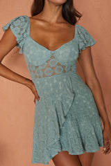 Secret Crush Flutter Sleeve Floral Lace Ruffle Hem Dress Mint