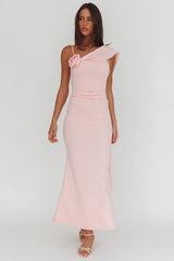 Sugar High Asymmetric Shoulder Drape Maxi Dress Pink