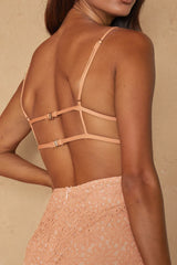 First Kiss Strappy Back Lace Overlay Knee Length Split Dress Peach