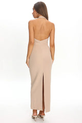 Goldfoil Halter Neck Maxi Dress Ecru