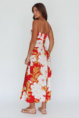Infinity Pintuck Bust Midi Dress Flower Red