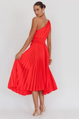Calissa One Shoulder Pleated Midi Dress Red