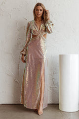 Inna Long Sleeve Cut-Out Maxi Dress Sequin Rose Gold
