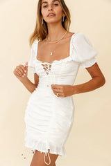 La Quinta Lace-Up Bust Drawstring Detail Dress White