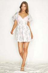 Lovers Lane Lace Trim Puff Sleeve Dress Floral Pink