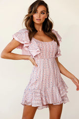 All Or Nothing Flounce Sleeve Lace-Up Back Dress Speckle Print Pink
