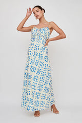 Anja Frill Trim Maxi Dress Print Cream Blue