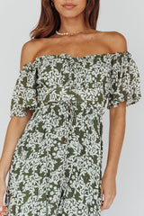Voyager Off-Shoulder Bell Sleeve Midi Dress Floral Green