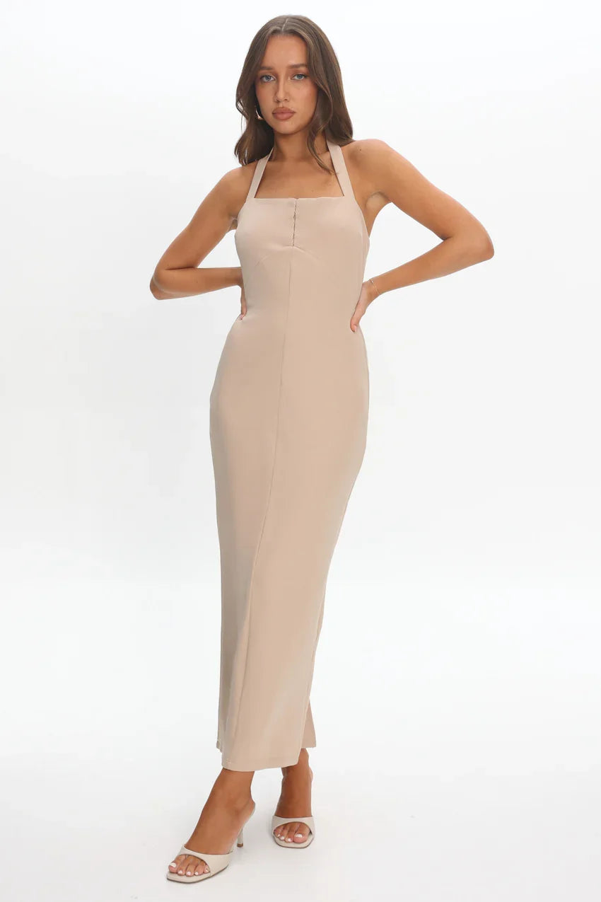 Goldfoil Halter Neck Maxi Dress Ecru