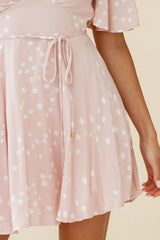 Dina V-Neckline Angel Sleeve Summer Dress Floral Print Pink
