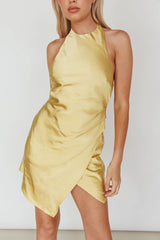 Sonoma Halterneck Faux Wrap Twist Back Mini Dress Lemon