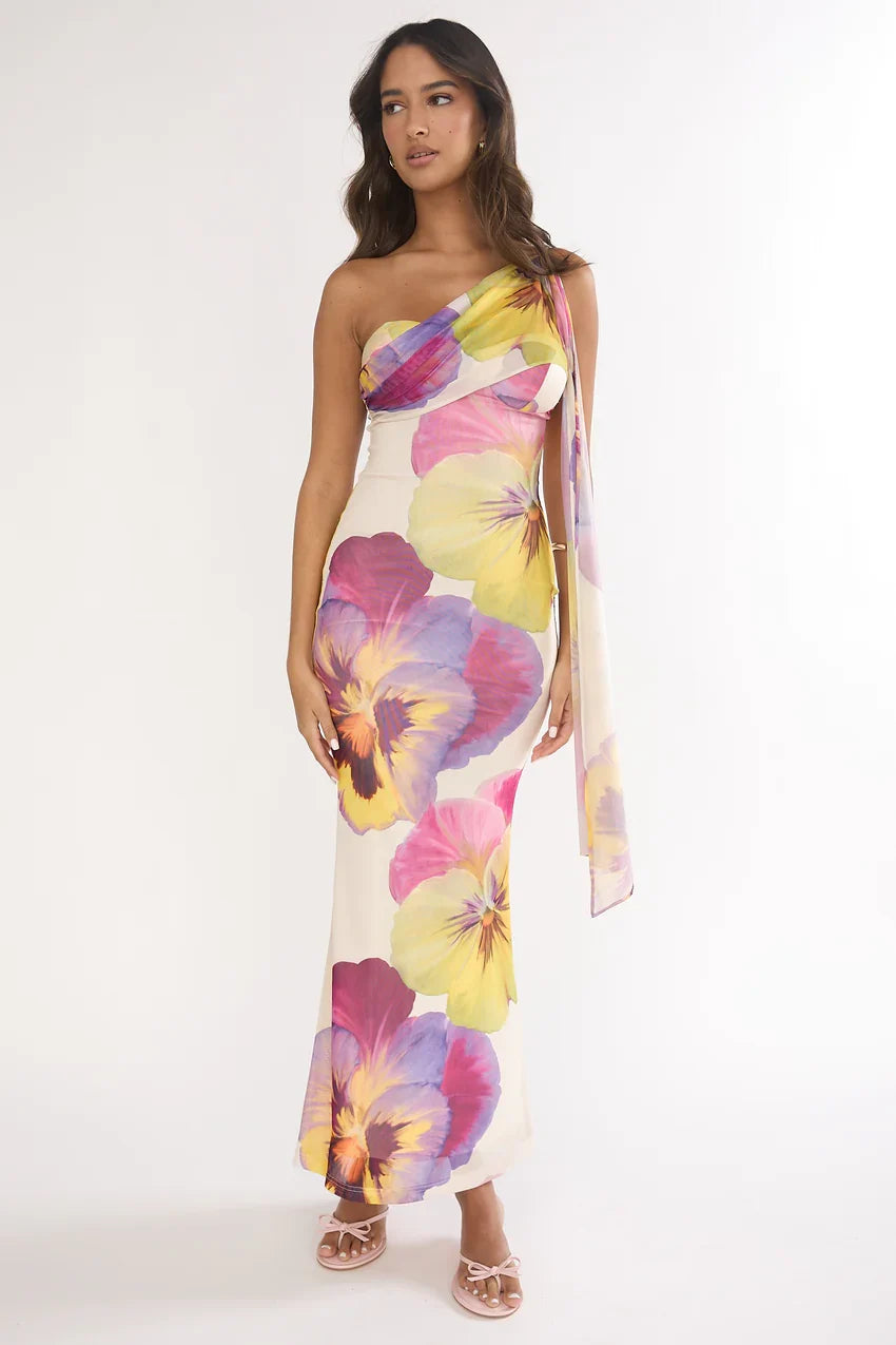 Tallis One-Shoulder Asymmetric Neckline Dress Beige