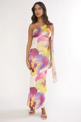 Tallis One-Shoulder Asymmetric Neckline Dress Beige