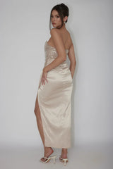 Yadira Sequin Bodice Satin Midi Dress Nude