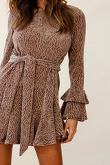 Saphira Long Sleeve Fluted Hem Knit Dress Taupe