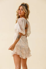 She Knows Puff Sleeve Ruffle Trim Dress Botanic Print Nude