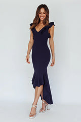 Pearl Ruffle Strap High-Low Hem Dress Navy