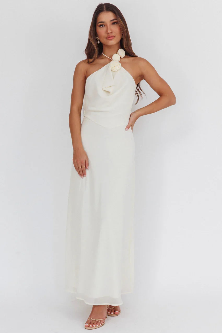 Petronilla Rosette Halterneck Maxi Dress Eggshell