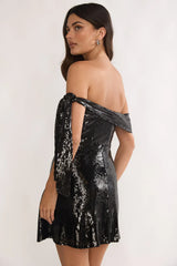 Aurora Sky Off-Shoulder Tie Mini Dress Sequin Black