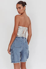Belgium Strapless Lace-Up Back Top Sequin Silver