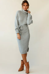 Marco Long Sleeve Turtleneck Knit Midi Dress Grey