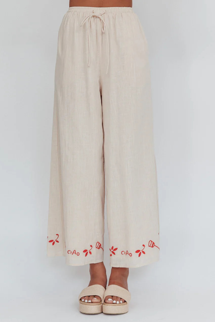 Sorrento Summer Embroidered Wide-Leg Pants Oat