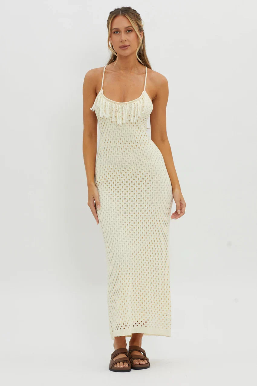 Kesha Open Back Crochet Maxi Dress Cream