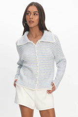 Gavrielle Collared Knit Cardigan Stripe Baby Blue
