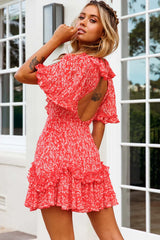 Las Palmas Frill Trim Keyhole Back Dress Floral Print Red.