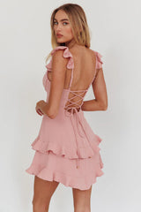 Moonlit Moment Ruffle Trim Piping Detail Lace-Up Back Dress Dusty Rose