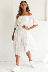 Renoir Off-Shoulder Frill Trim Midi Dress White