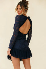 Isabella Long Sleeve Open Back Lace Dress Navy