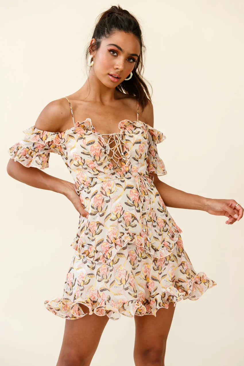 Maranda Bardot Lace-Up Bust Dress Banksia Print Dress Nude