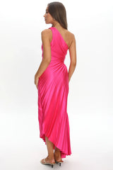 Brooklynn One-Shoulder Accordion Pleat Satin Midi Dress Fuchsia
